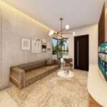 Espaço acolhedor com sofá, quadros decorativos e iluminação suave.