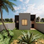 A grande janela voltada para o jardim permite que a luz natural ilumine os ambientes internos.