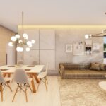 Ambiente iluminado com mesa de jantar moderna e lustre elegante.