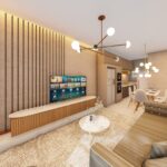 Espaço aconchegante com sofá confortável e painel em madeira.