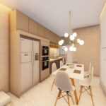 Espaço integrado para refeições, com mesa de jantar e iluminação sofisticada.