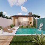 Lazer com piscina externa.